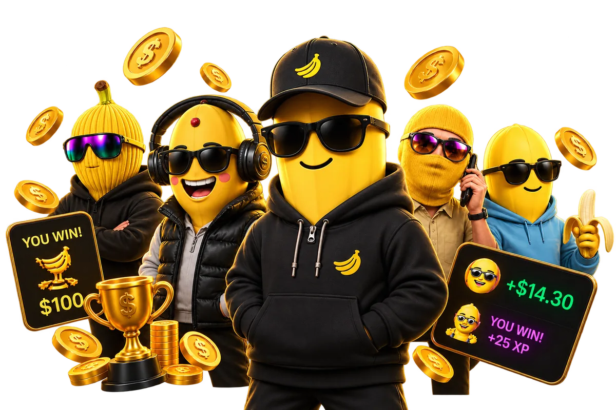 The BananaZone crew surrounded by gold coins, a trophy and win cards showing +$14.30 and You win $100