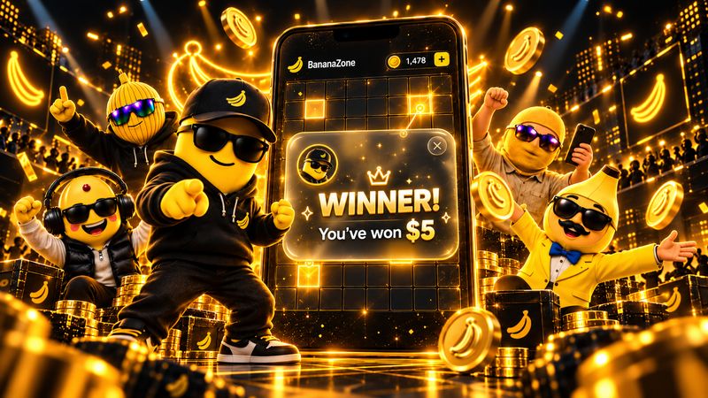 The BananaZone crew celebrating around a phone showing a Winner! You've won $5 popup